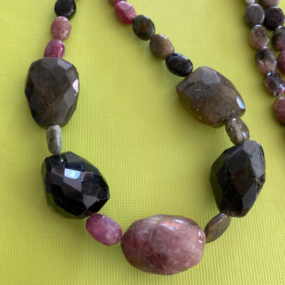 📿 Watermelon Tourmaline Crystal Necklace, 20” Long, EUC